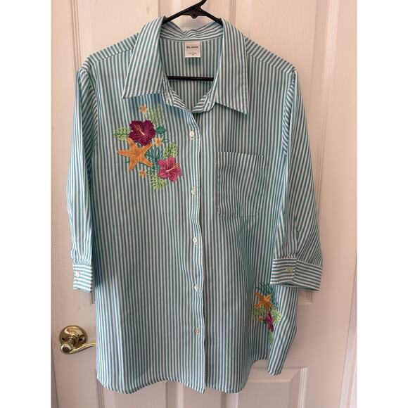 Blair Women Blue Blouse Top Sz XL Cotton Buttons Pullover Long Roll Up Sleeve - Picture 1 of 12